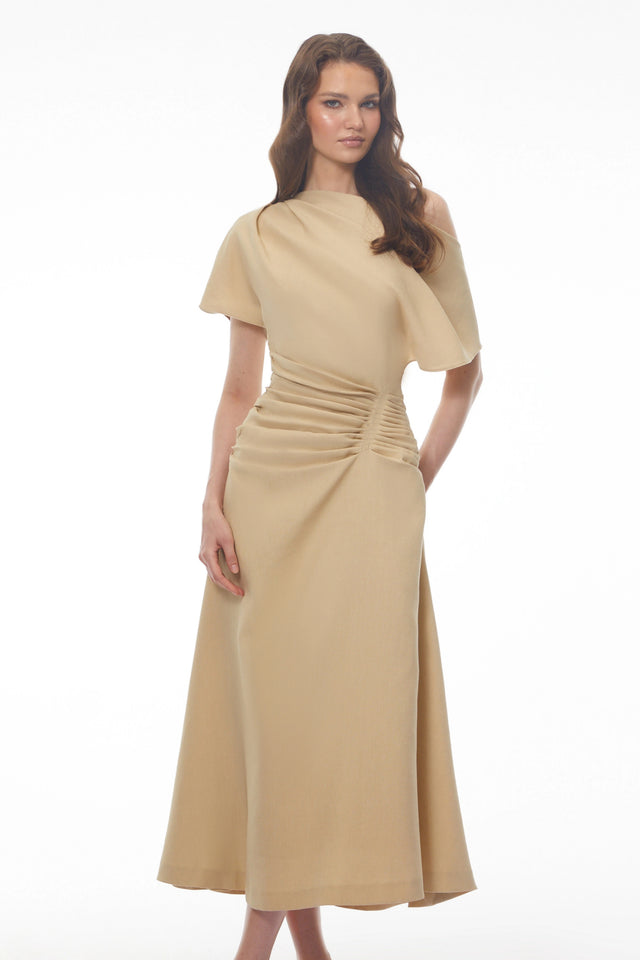 Larissa Khaki Asymmetrical Ruched Maxi Dress