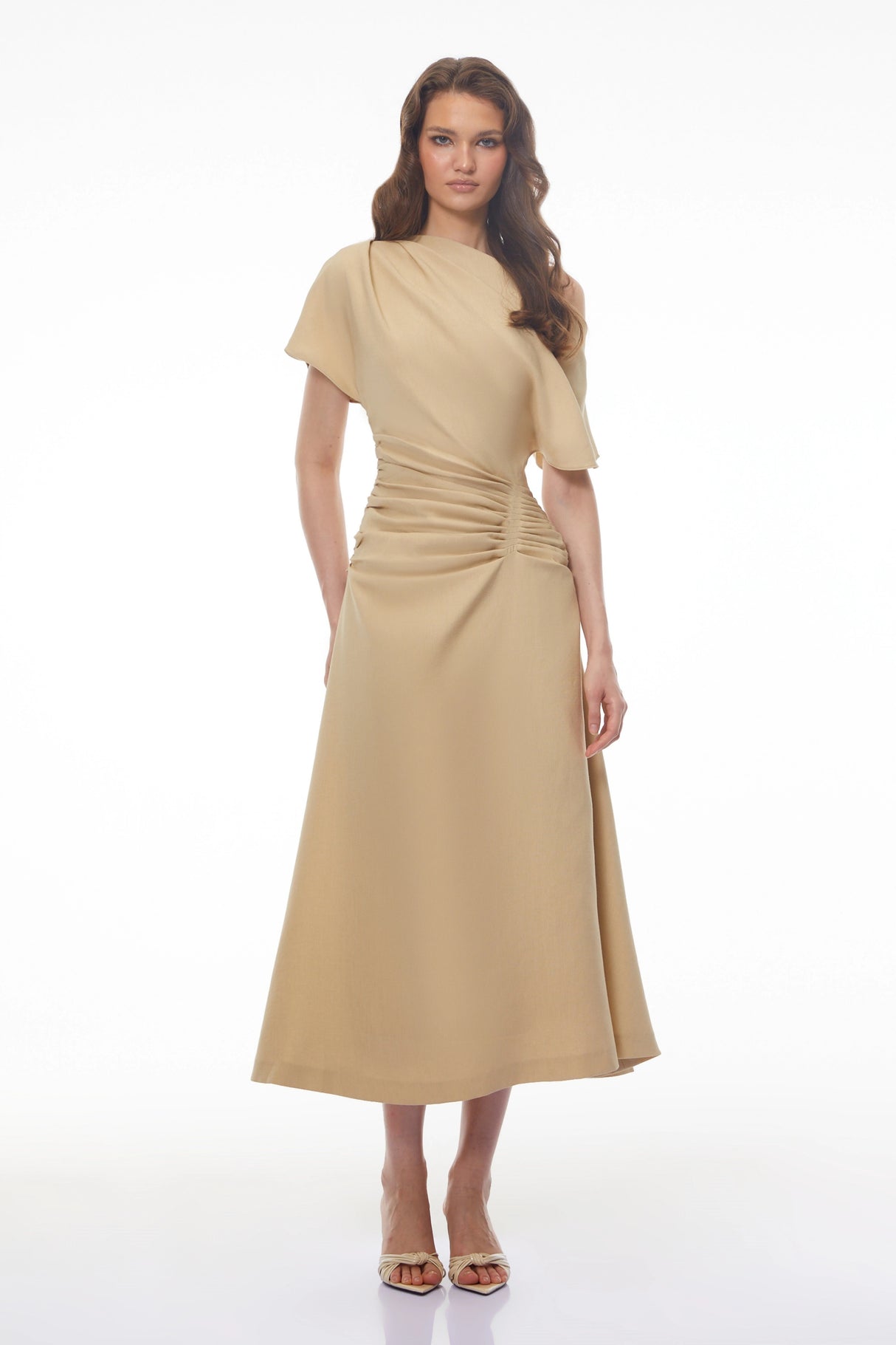 Larissa Khaki Asymmetrical Ruched Maxi Dress