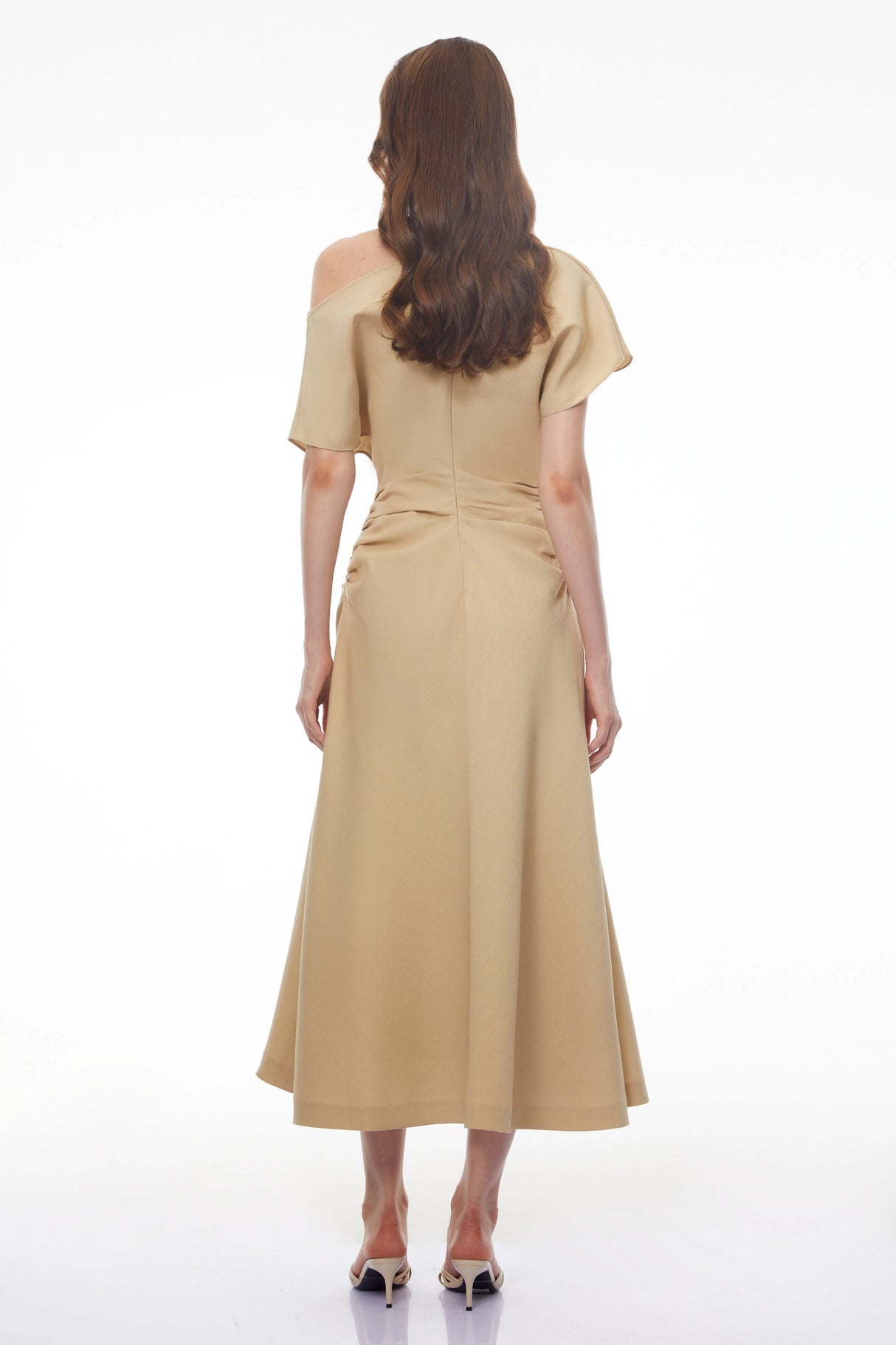 Larissa Khaki Asymmetrical Ruched Maxi Dress