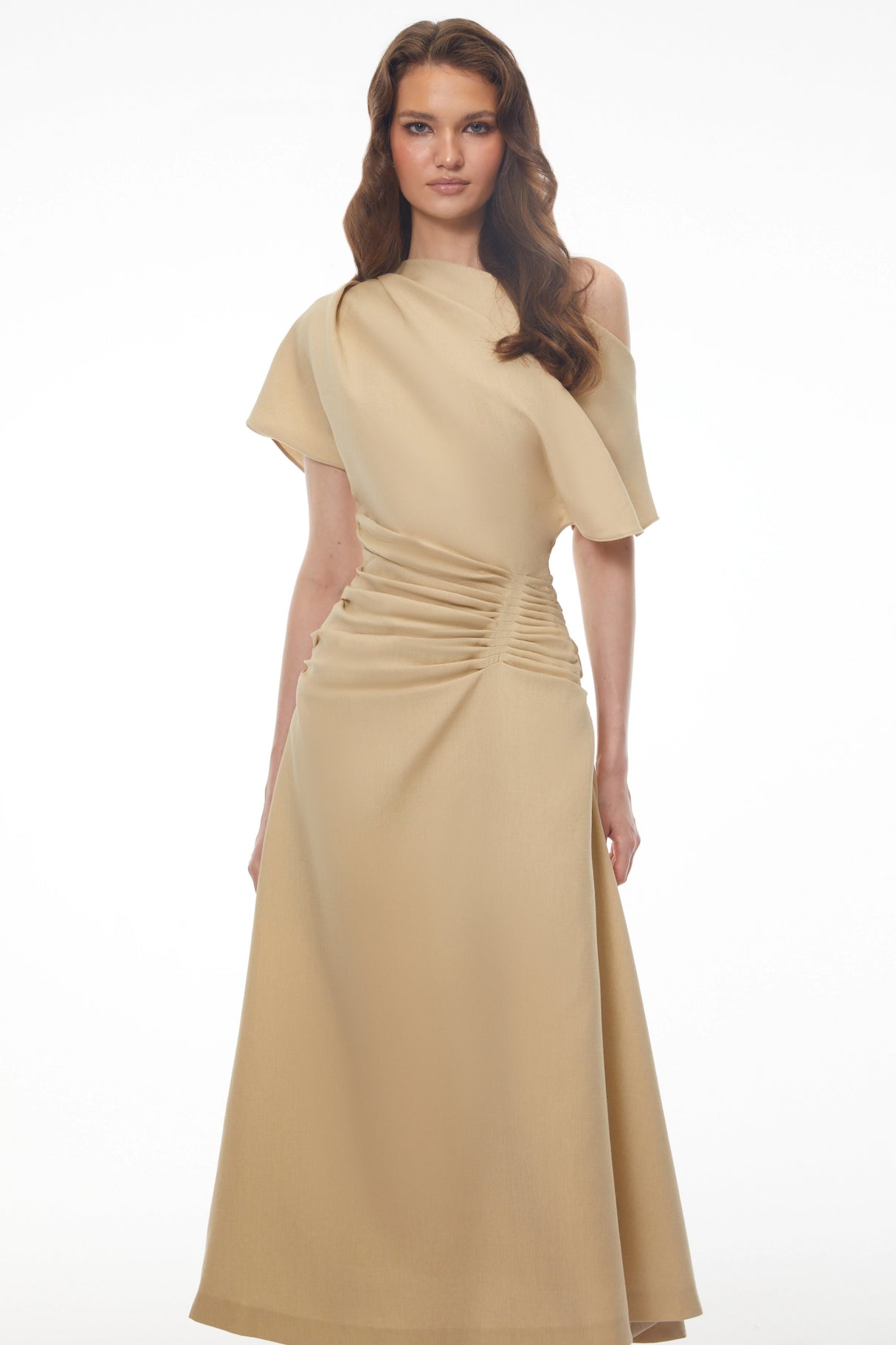 Larissa Khaki Asymmetrical Ruched Maxi Dress
