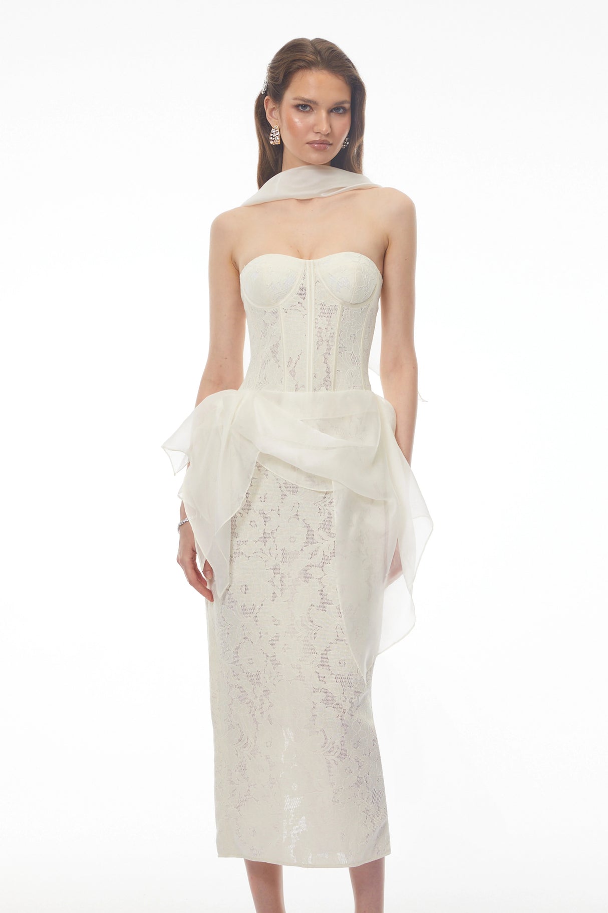 Larissa White Off Shoulder Floral Lace Midi Dress