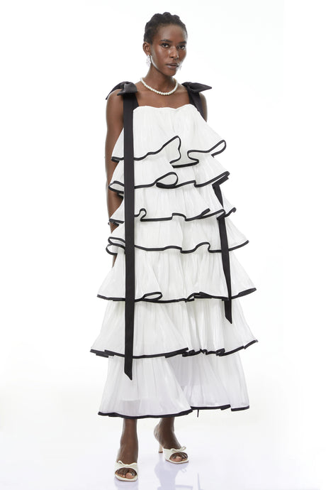 Carla Maxi Dress White Ruffled with Bows