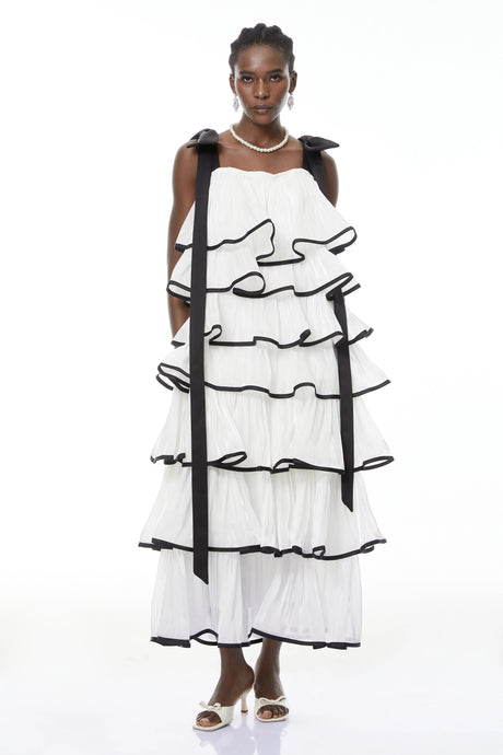 Carla Maxi Dress White Ruffled with Bows