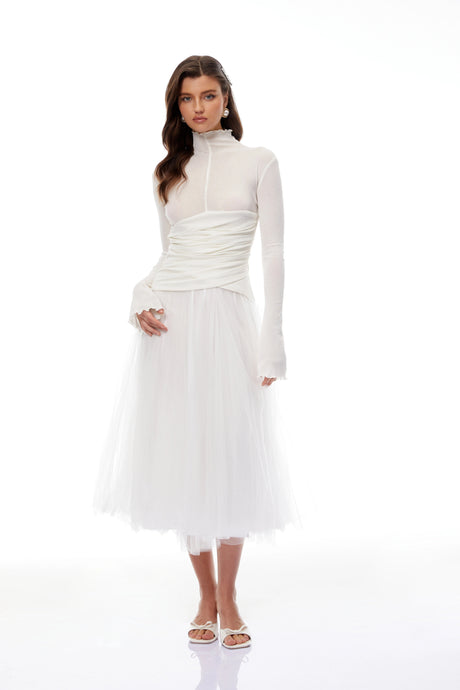 Martina Midi Dress White Tulle Panel Knit