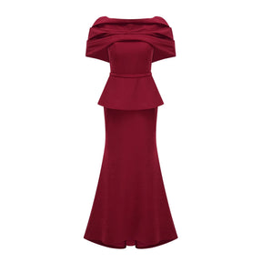Lauren Red Ruched Shawl Detail Maxi Dress