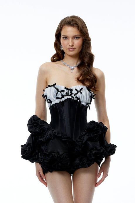 Laurine Black Ruffled Satin Mini Dress