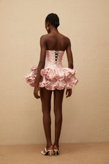 Laurine Pink Ruffled Satin Mini Dress