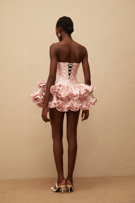 Laurine Pink Ruffled Satin Mini Dress