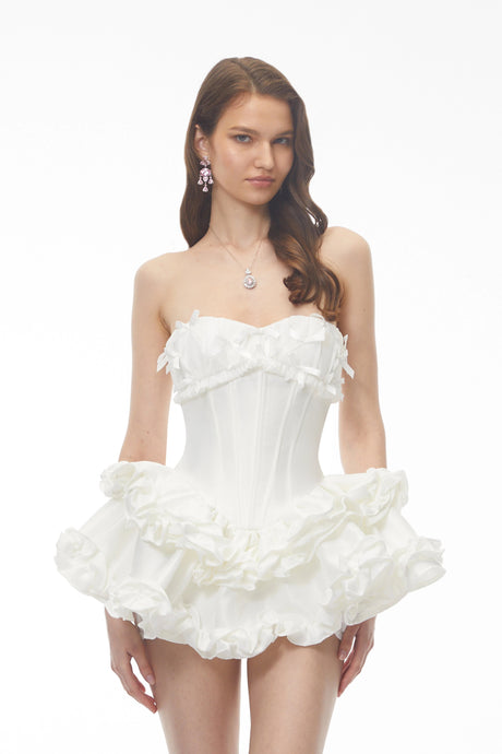 Laurine White Ruffled Satin Mini Dress