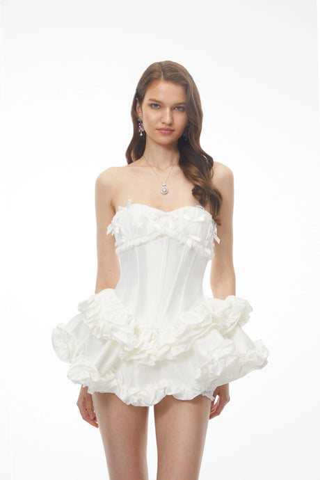 Laurine White Ruffled Satin Mini Dress