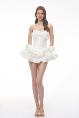 Laurine White Ruffled Satin Mini Dress