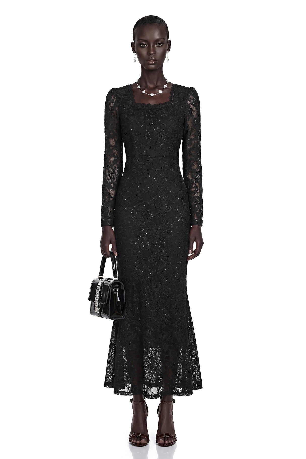 Lavender Black Floral Lace Fishtail Maxi Dress