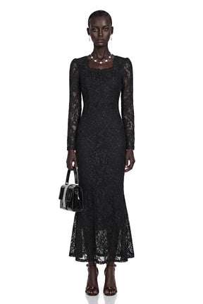 Lavender Black Floral Lace Fishtail Maxi Dress