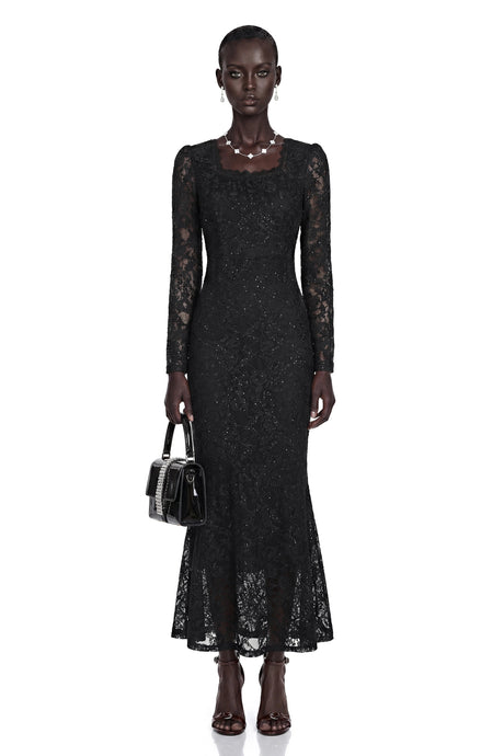 Lavender Black Floral Lace Fishtail Maxi Dress