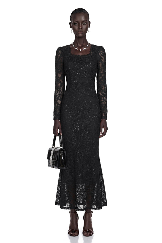Lavender Black Floral Lace Fishtail Maxi Dress