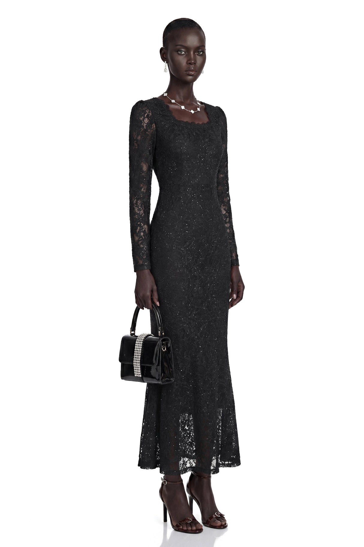 Lavender Black Floral Lace Fishtail Maxi Dress