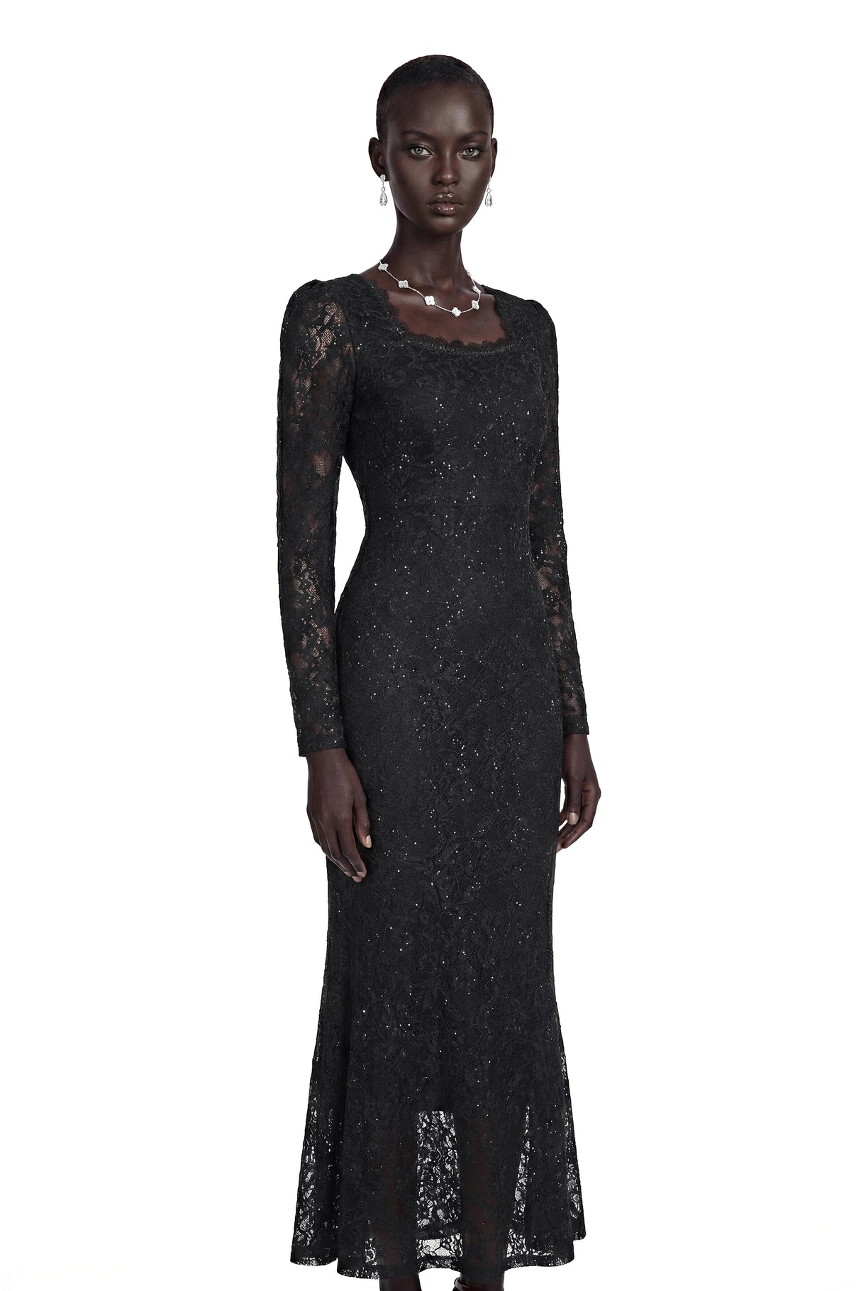 Lavender Black Floral Lace Fishtail Maxi Dress