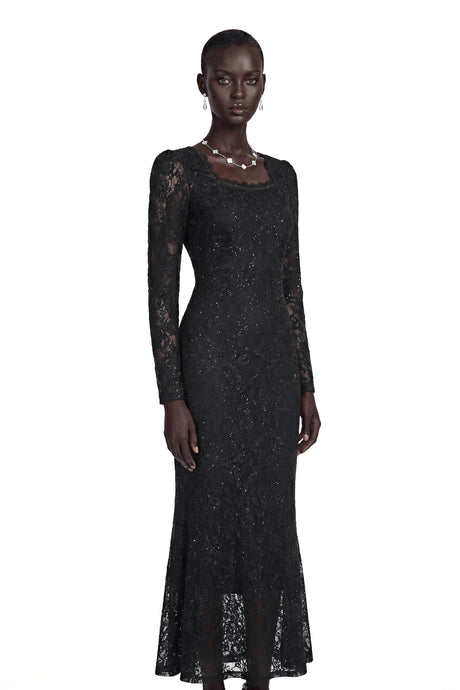 Lavender Black Floral Lace Fishtail Maxi Dress