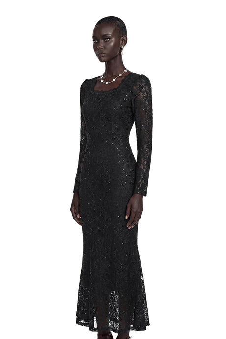 Lavender Black Floral Lace Fishtail Maxi Dress