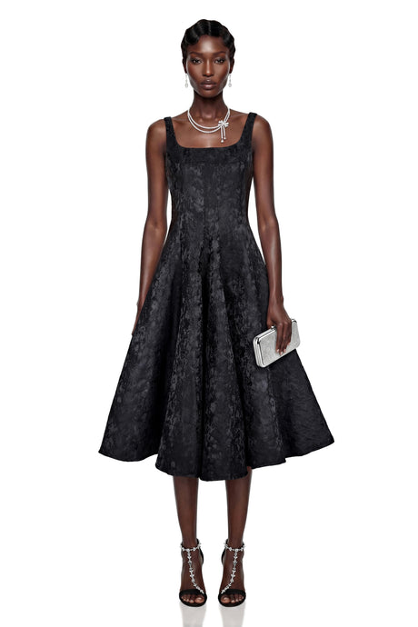Lavender Black Square Neck Floral Print Midi Dress