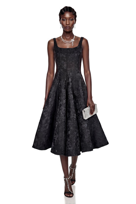 Lavender Black Square Neck Floral Print Midi Dress