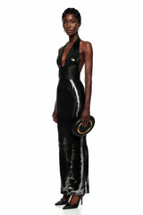 Lavinia Black Plunge Neck Halterneck Sequin Maxi Dress