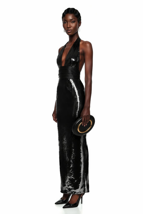 Lavinia Black Plunge Neck Halterneck Sequin Maxi Dress