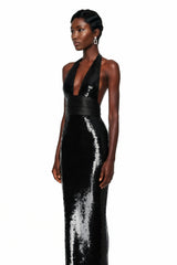 Lavinia Black Plunge Neck Halterneck Sequin Maxi Dress