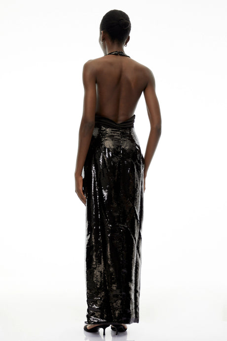 Lavinia Black Plunge Neck Halterneck Sequin Maxi Dress