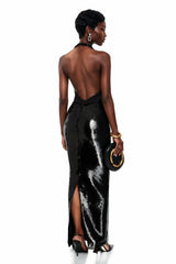 Lavinia Black Plunge Neck Halterneck Sequin Maxi Dress