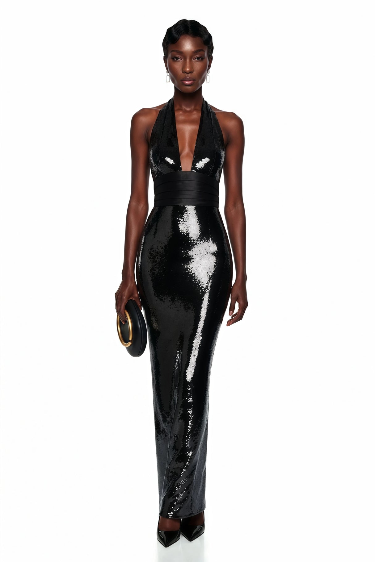 Lavinia Black Plunge Neck Halterneck Sequin Maxi Dress