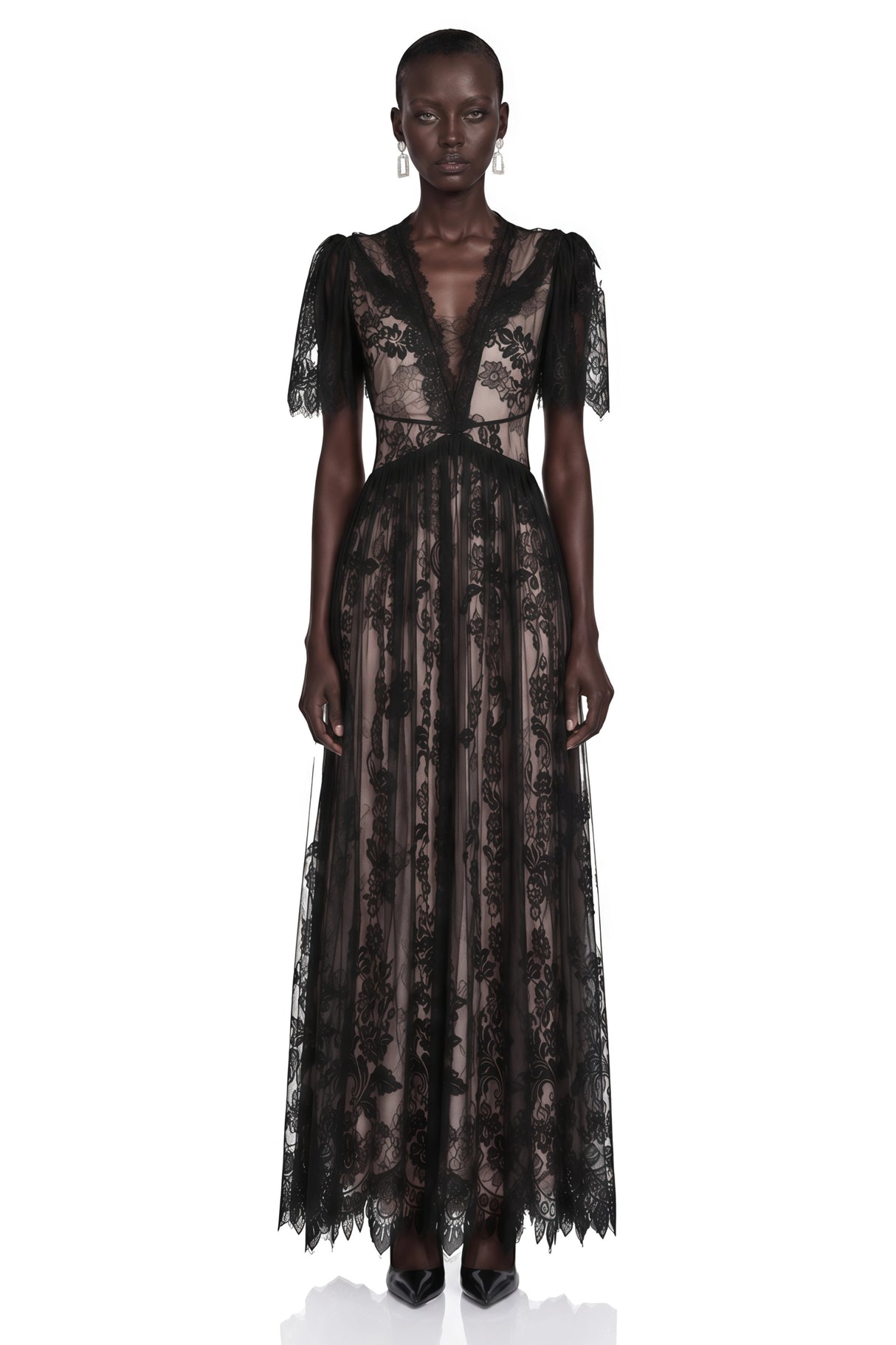 Lavinia Black Sheer Lace VNeck Maxi Dress