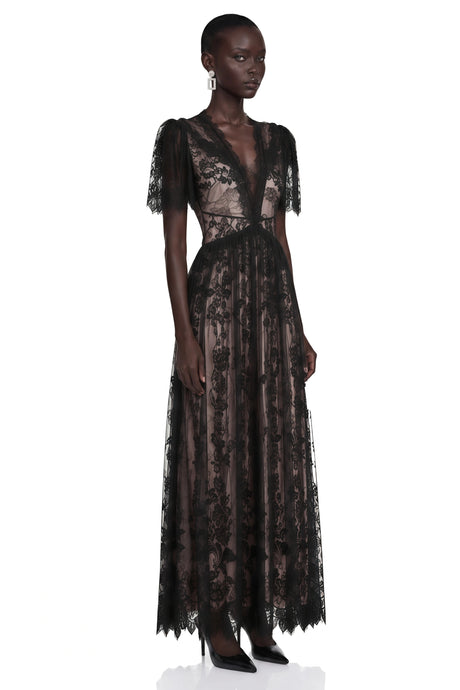 Lavinia Black Sheer Lace VNeck Maxi Dress