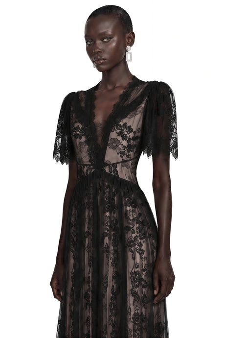 Lavinia Black Sheer Lace VNeck Maxi Dress