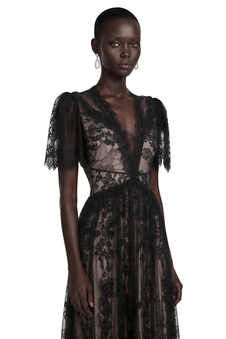 Lavinia Black Sheer Lace VNeck Maxi Dress