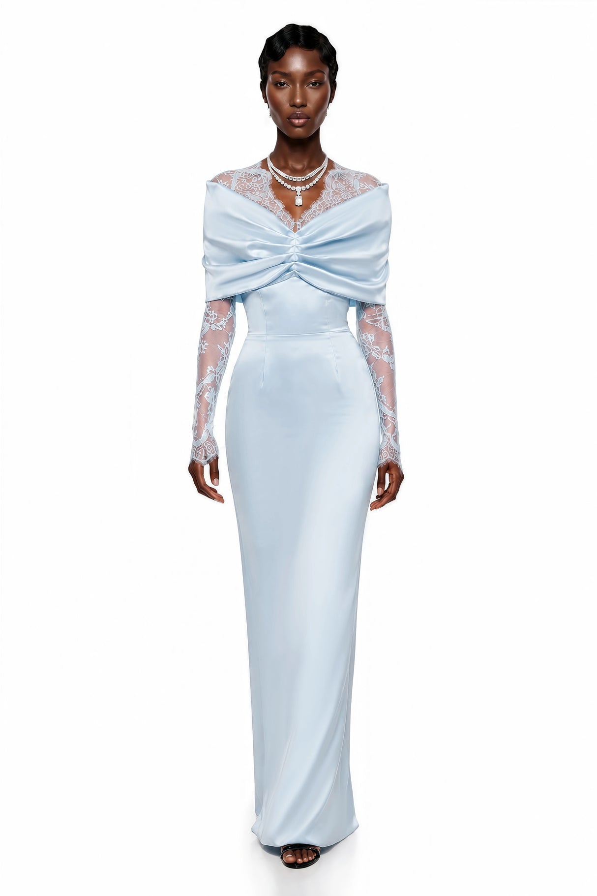 Lavinia Blue Bodycon Maxi Dress with Lace Panels