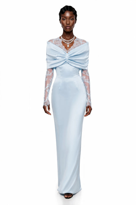 Lavinia Blue Bodycon Maxi Dress with Lace Panels