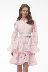 Lavinia Blush Pink Puff Sleeve Tiered Lace Mini Dress