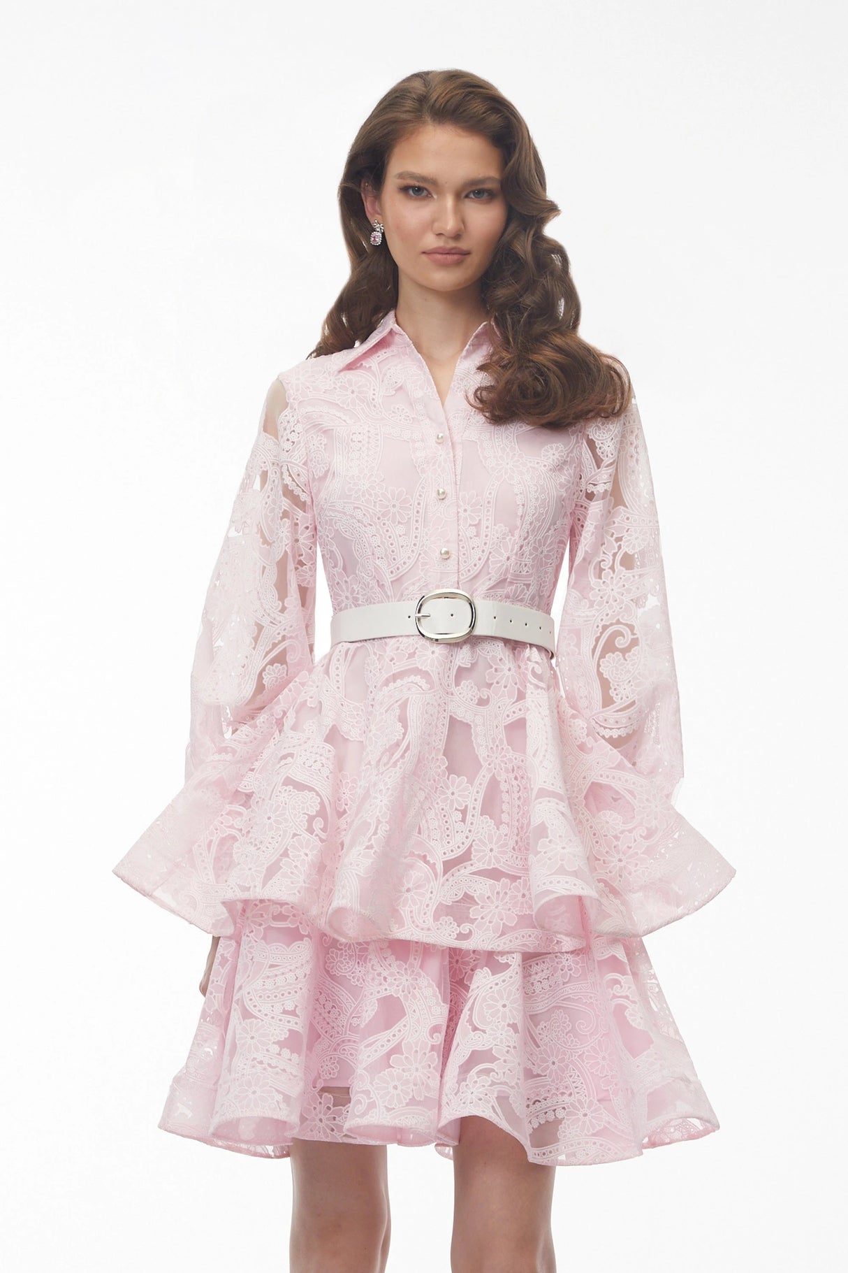 Lavinia Blush Pink Puff Sleeve Tiered Lace Mini Dress