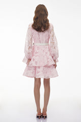 Lavinia Blush Pink Puff Sleeve Tiered Lace Mini Dress