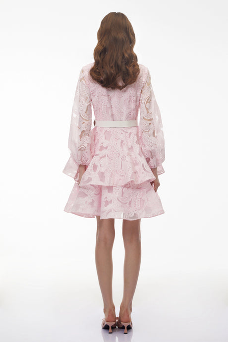 Lavinia Blush Pink Puff Sleeve Tiered Lace Mini Dress