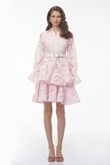 Lavinia Blush Pink Puff Sleeve Tiered Lace Mini Dress