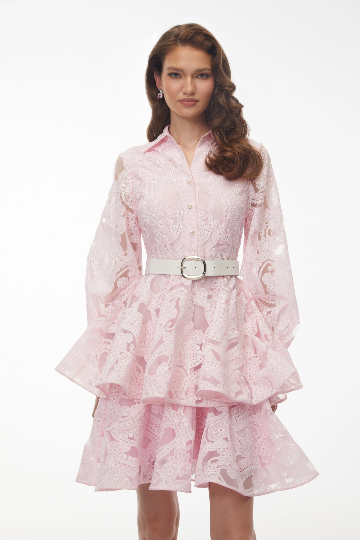 Lavinia Blush Pink Puff Sleeve Tiered Lace Mini Dress