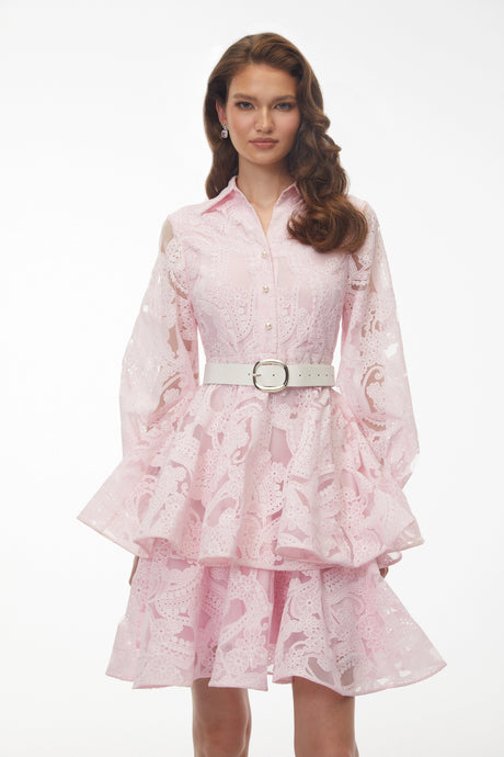 Lavinia Blush Pink Puff Sleeve Tiered Lace Mini Dress