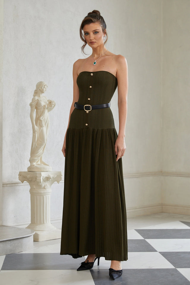 Lavinia Green Off Shoulder Ribbed Knit Maxi Dress