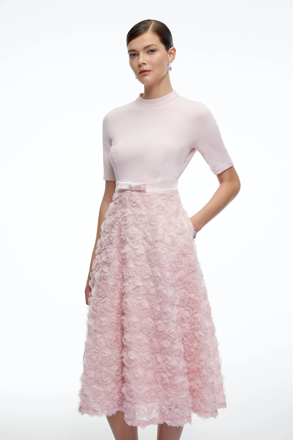 Lavinia Pink Tiered Midi Dress with 3D Florals