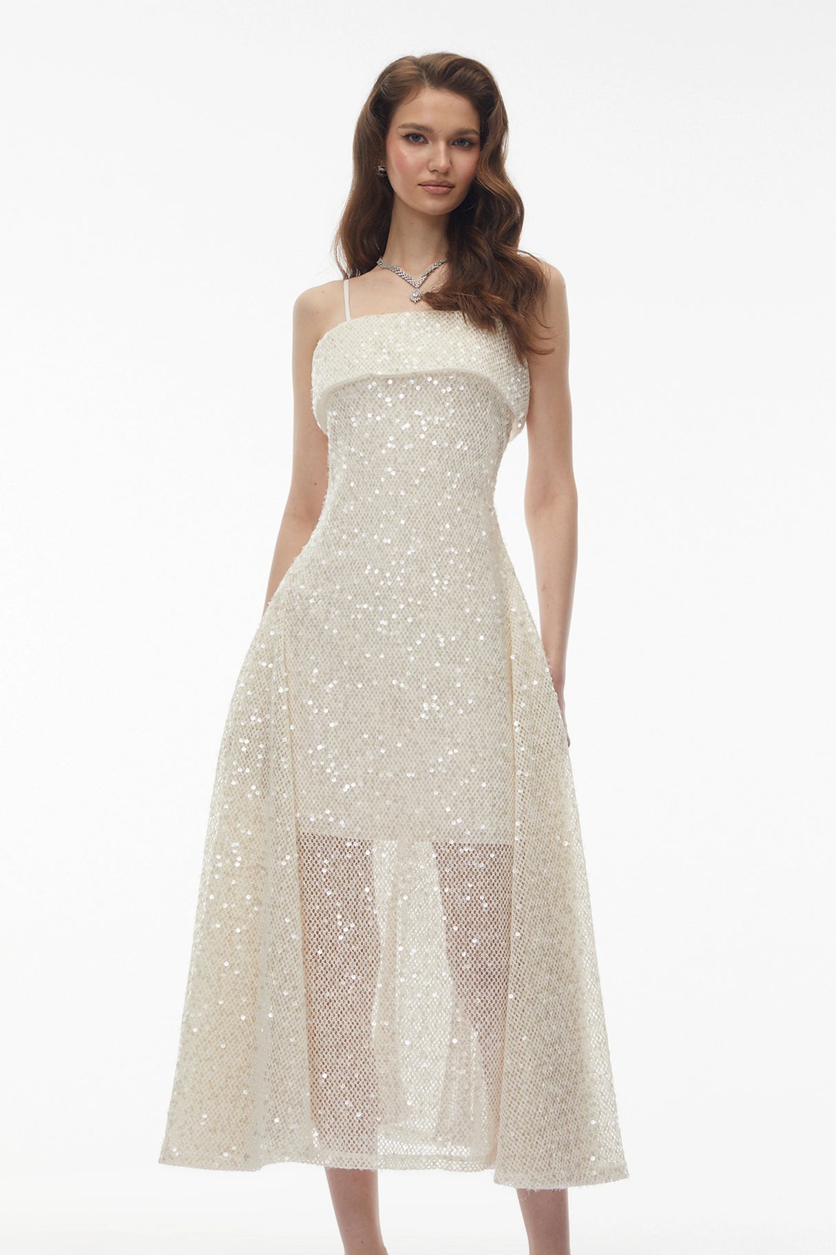 Leah Cream White Weave Design Sequin Midi Dress
