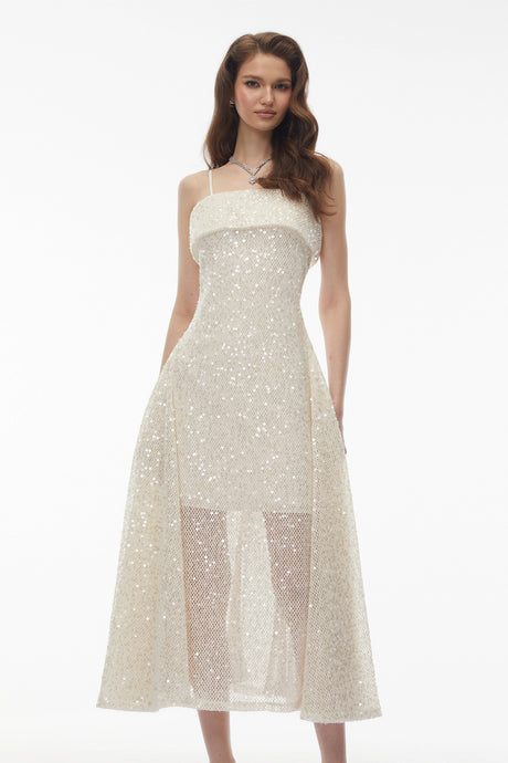 Leah Cream White Weave Design Sequin Midi Dress