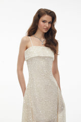 Leah Cream White Weave Design Sequin Midi Dress