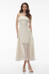 Leah Cream White Weave Design Sequin Midi Dress